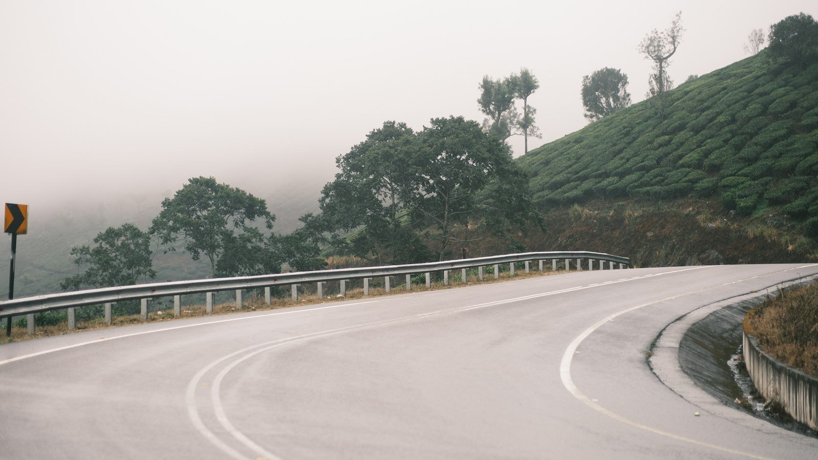 A ghat road winding through misty green hills on the drive up to Munnar